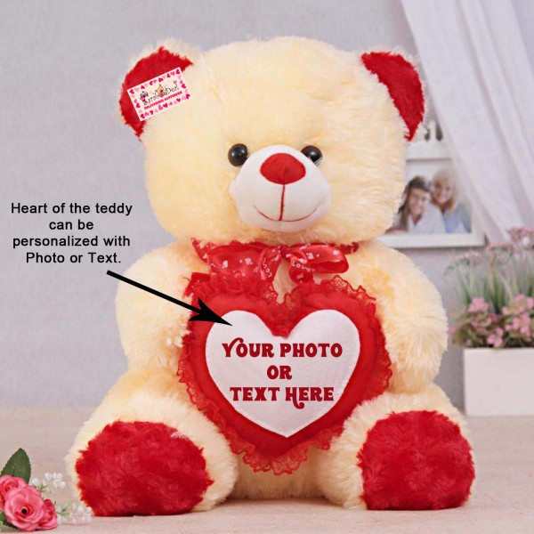 Personalized Peach Teddy Bear Soft Toy with Customized Red Frill Heart